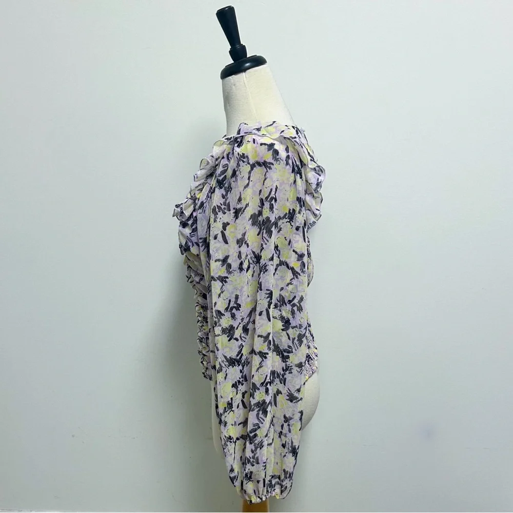 Free People Mabel Lilac Combo Purple Yellow Floral Sheer Puff Sleeve Top Large